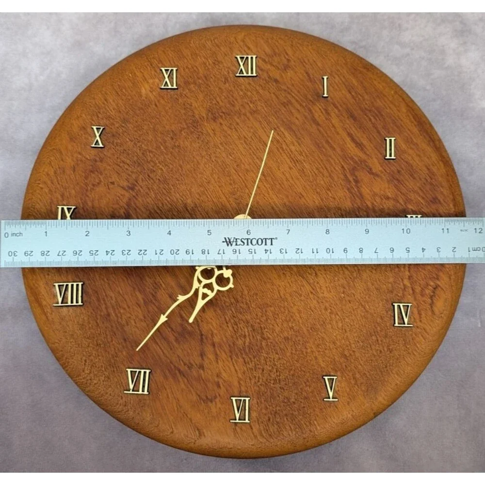 Vintage Teak Wall Clock Retro Handmade 80s Wood Shop Lathe Project Brown